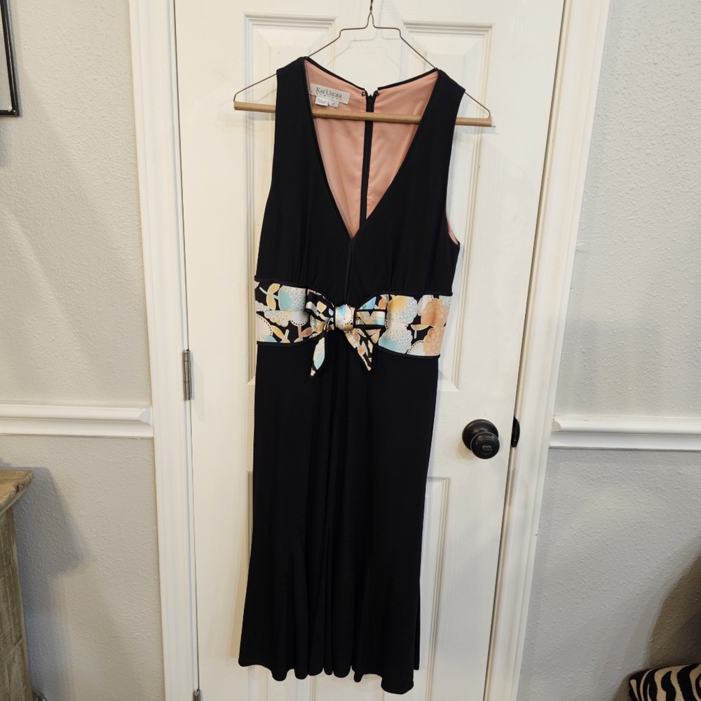 Kay Unger Black and Gold Embellished Pleated Sheath Midi Dress